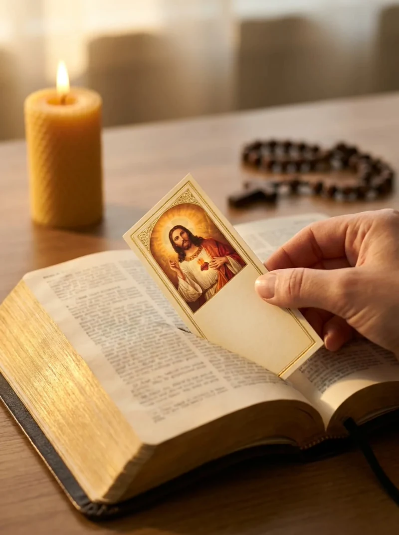 Sacred Heart bookmark placed in an open Bible